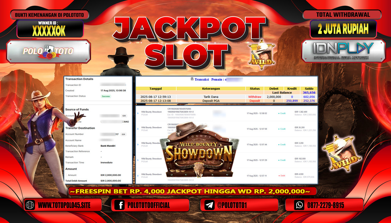 POLOTOTO JACKPOT SLOT WILD BOUNTY SHOWDOWN Rp.2.000.000,- LUNAS