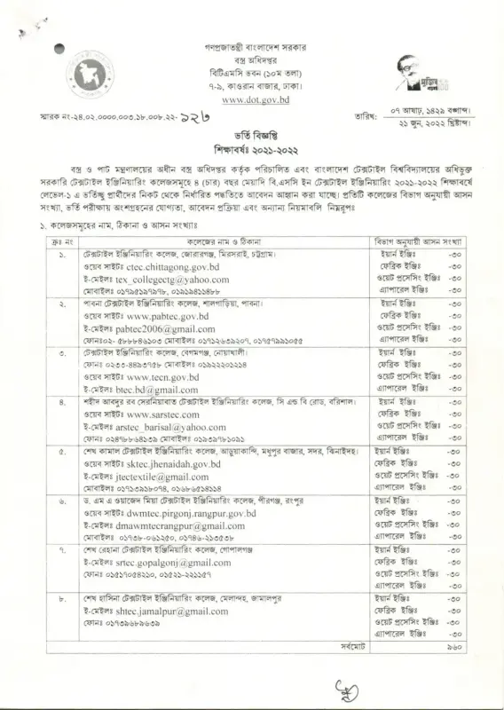 Textile Engineering College Admission Circular 2021-22