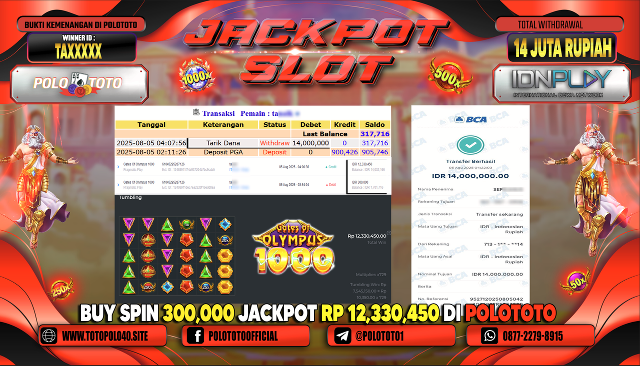 POLOTOTO JACKPOT SLOT GATES OF OLYMPUS 1000 Rp.14.000.000,-LUNAS