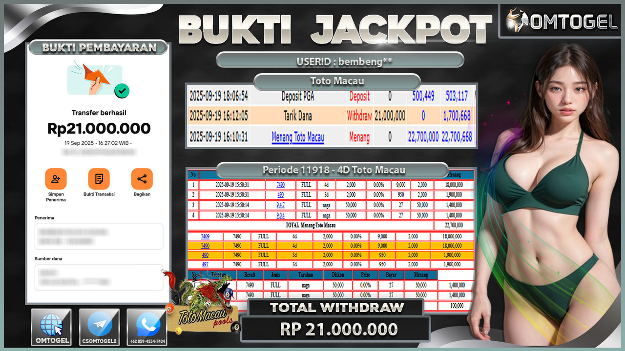 OMTOGEL JACKPOT TOTO MACAU 4D 3D 21 JUTA DI BAYAR LUNAS ,-