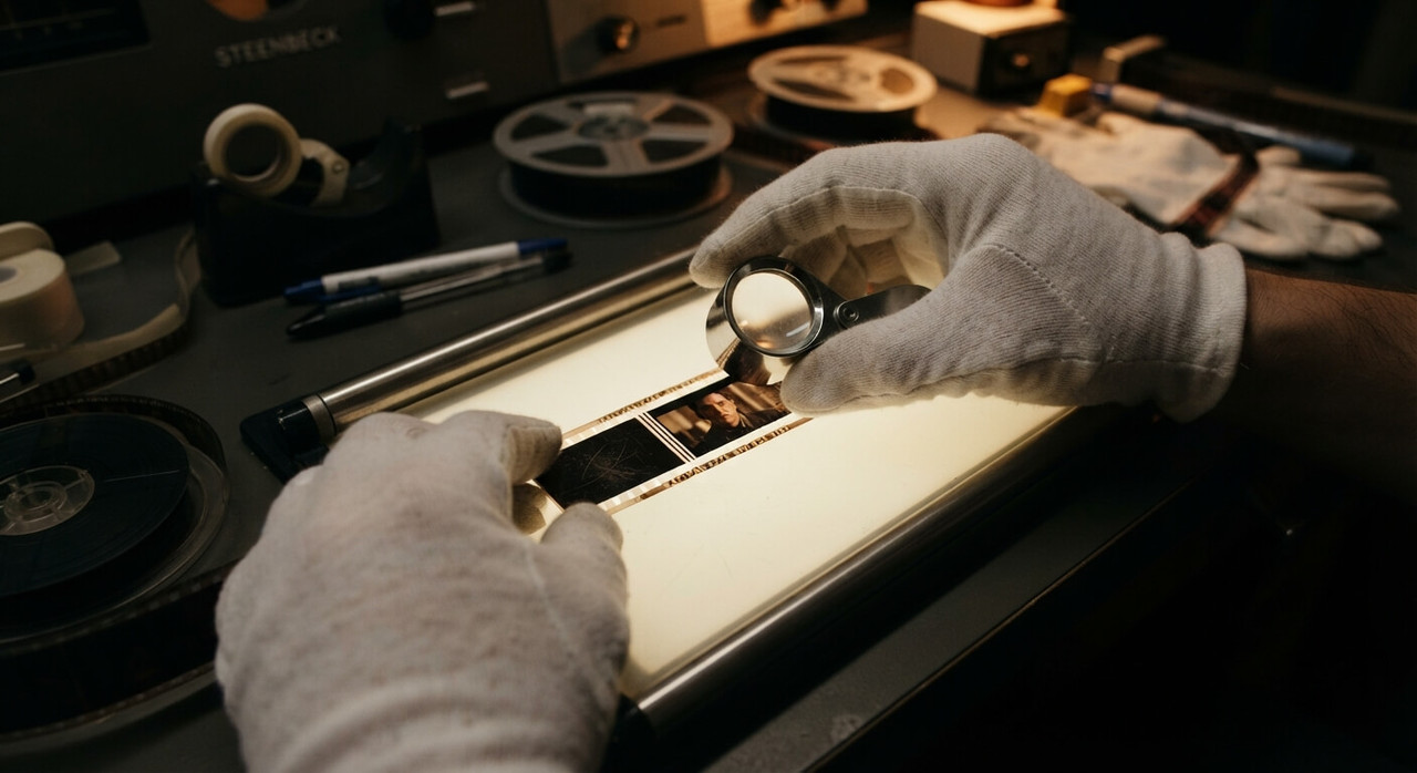 Close-up shot of a negative cutter wearing white cotton gloves and using an optical eye-loupe over 35mm camera film negative.