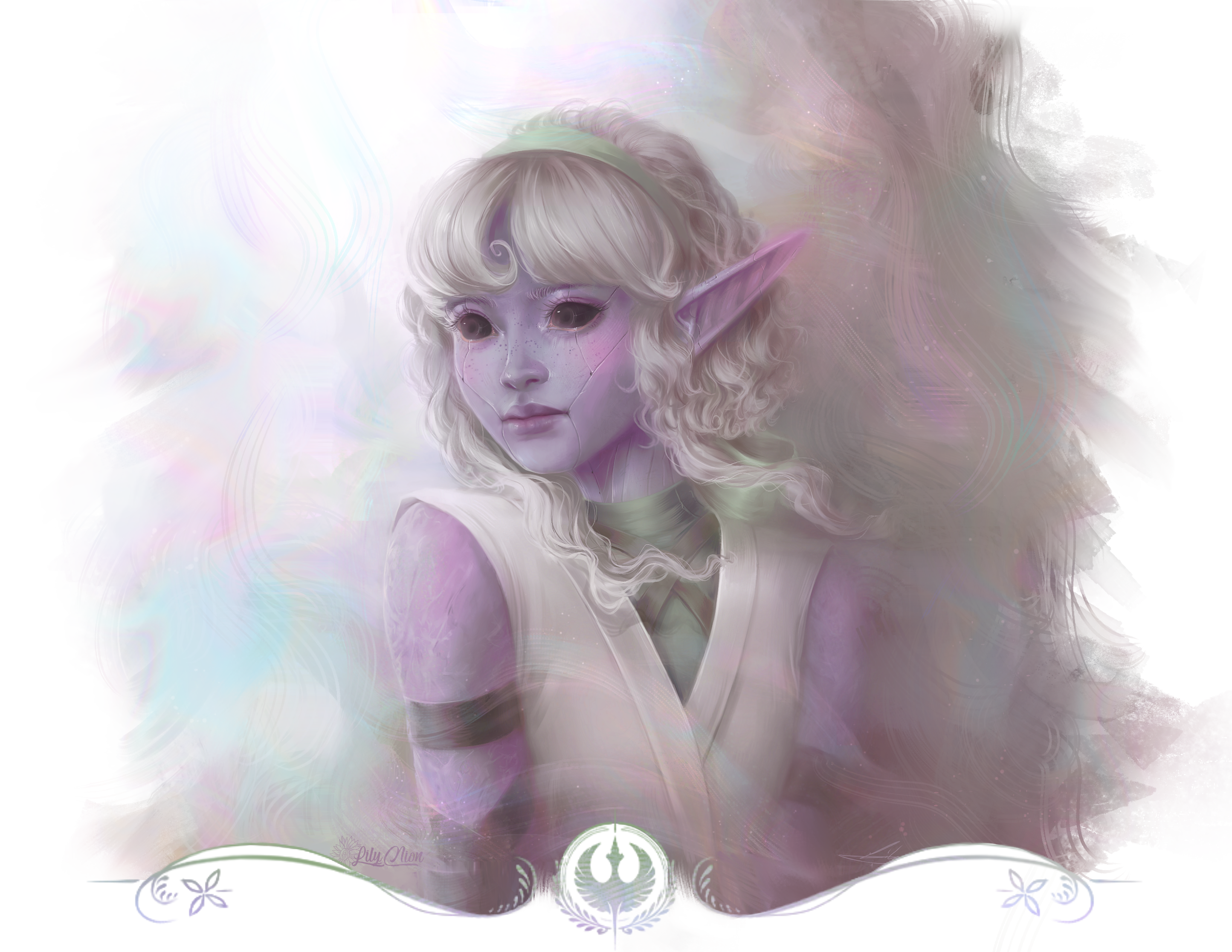 A portrait for Jane, a purple skinned girl with scarring over her shoulder, white hair and a doll-like cybernetic face. A portrait for Jane, a purple skinned girl with scarring over her shoulder, white hair and a doll-like cybernetic face.