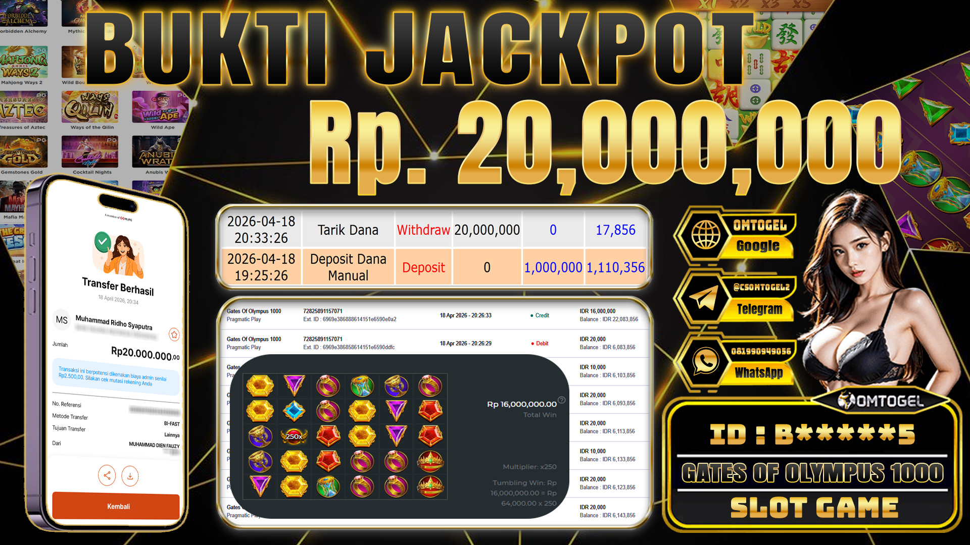 OMTOGEL JACKPOT PRAGMATIC PLAY GATES OF OLYMPUS 1000,20 JUTA DI BAYAR LUNAS ,-