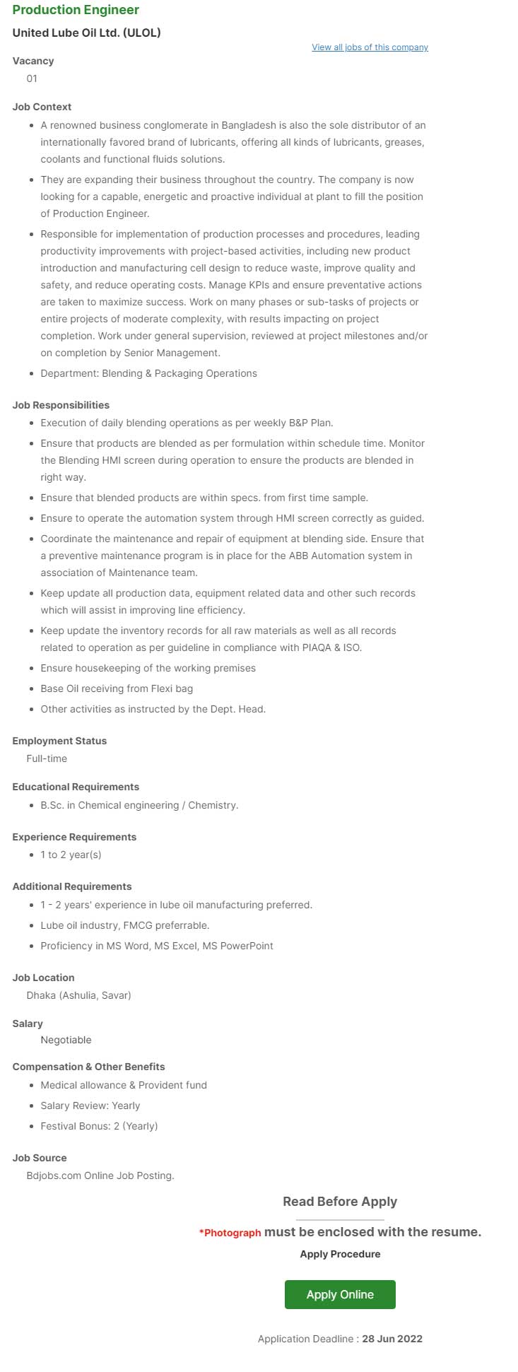 Production Engineer United Lube Oil Ltd Job Circular 2022