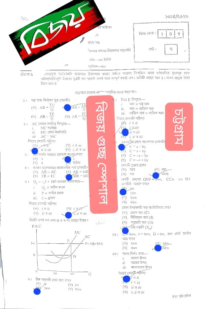 চট্টগ্রাম বোর্ড এইচএসসি অর্থনীতি ১ম পত্র প্রশ্ন সমাধান ২০২৩
