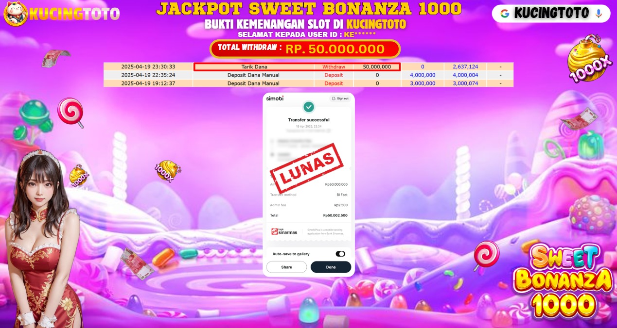 KUCINGTOTO JACKPOT SLOT SWEET BONANZA 1000  RP.50.000.000.,- LUNAS
