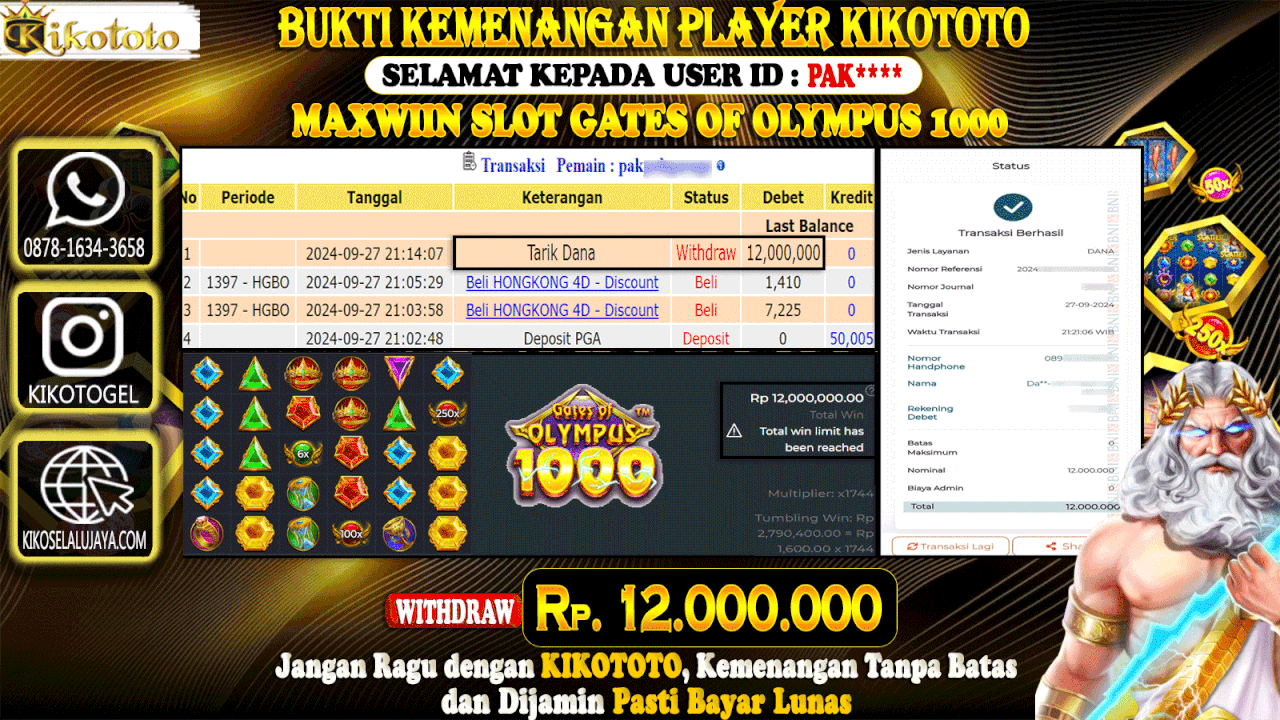 MAXWIN !!! MENANG BELASAN JUTA DI SLOT GATES OF OLYMPUS 1000 SEBESAR Rp 12,000,000 LANGSUNG DI BAYAR KIKOTOTO !!!!