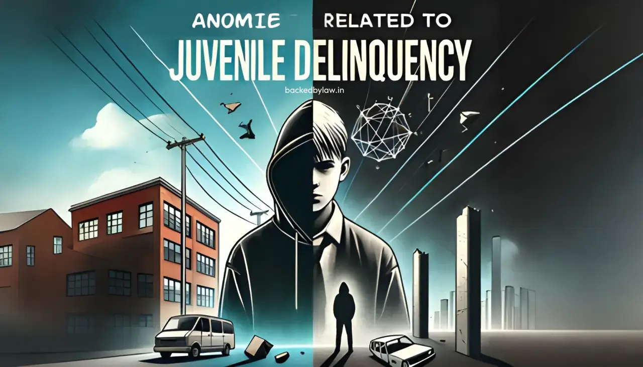 Graphic showing the connection between anomie and juvenile delinquency, with examples of how social disintegration impacts youth behavior.