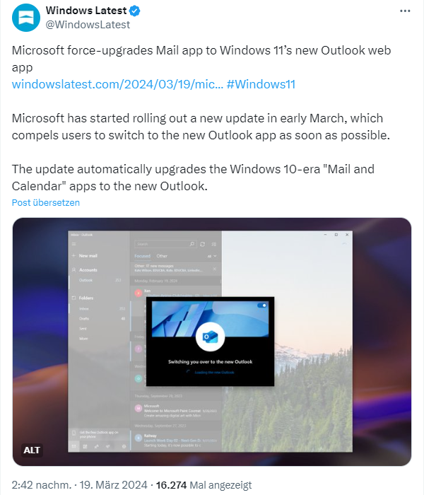 Zwangsupgrade auf neue Outlook-App