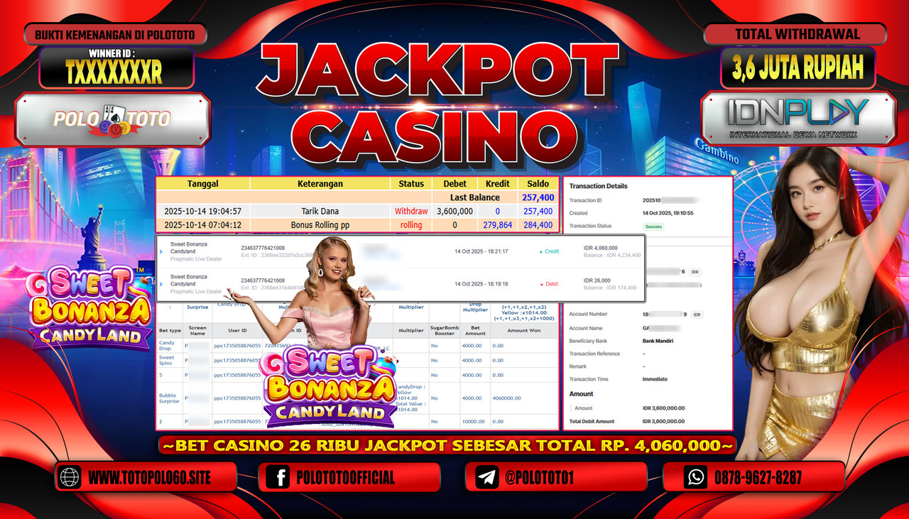 POLOTOTO JACKPOT CASINO SWEET BONANZA CANDYLAND Rp.3.600.000,- LUNAS