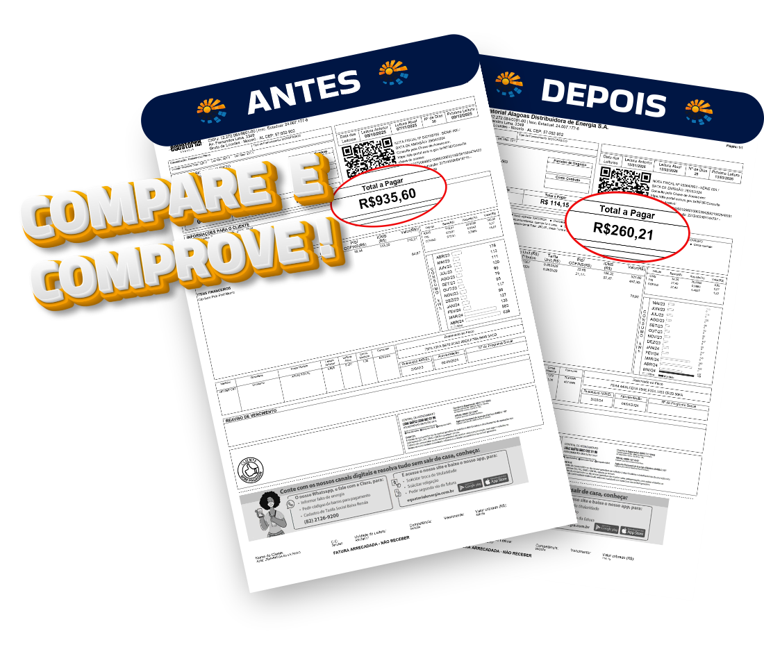 Antes e depois da conta de energia com energia solar Master Solaris