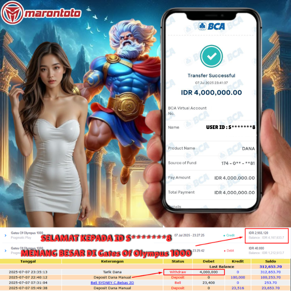 Bukti Kemenangan Member Marontoto Sebesar 4,000,000 JuTa