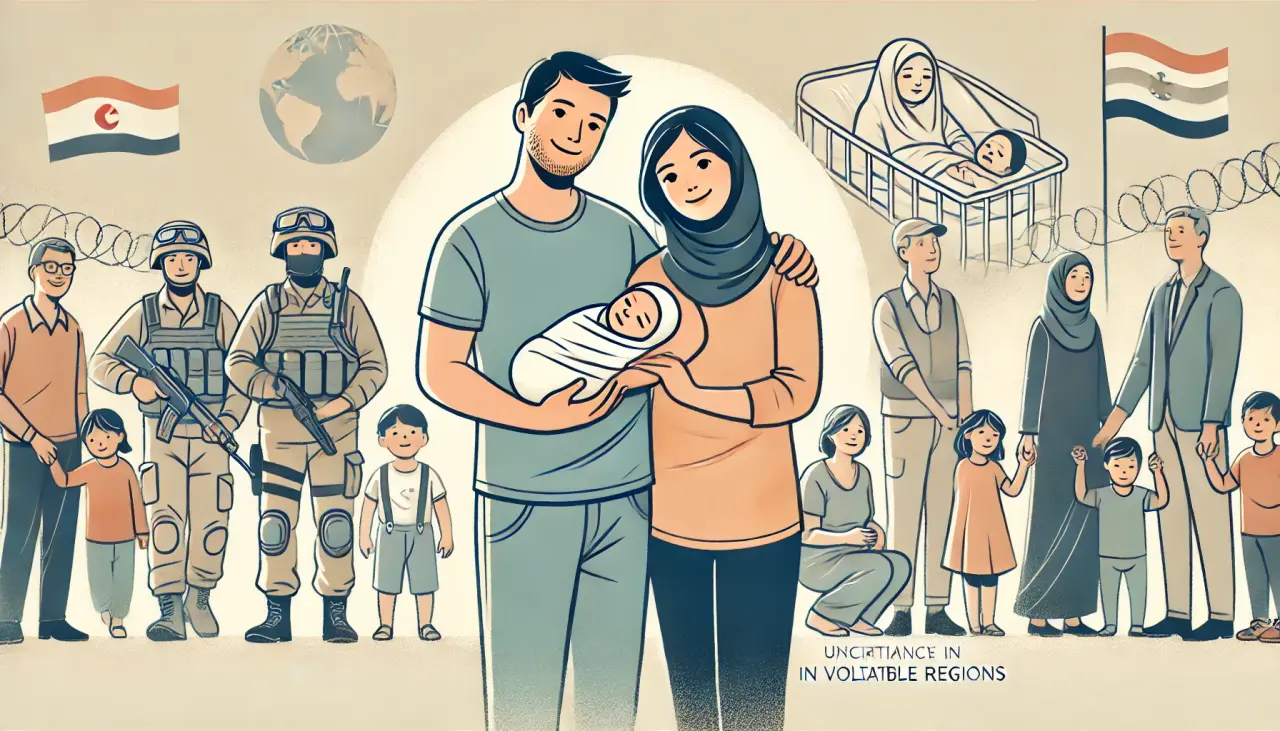 Illustration of a family holding a newborn, symbolizing the hope and challenges of surrogacy in volatile regions of Eastern Europe.