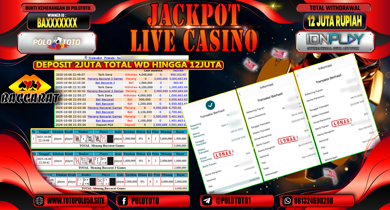 POLOTOTO JACKPOT LIVE CASINO MENANG BACCARAT 3 GAMES Rp.12.000.000,- LUNAS