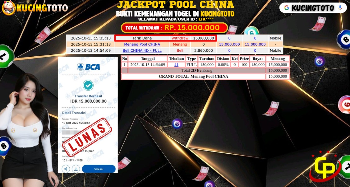KUCINGTOTO JACKPOT TOGEL CHINA POOLS RP.15.000.000.,- LUNAS