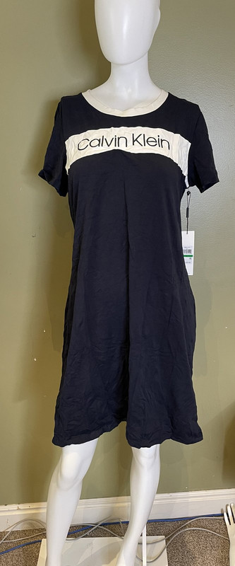 CALVIN KLEIN NAVY/WHTIE T-SHIRT DRESS WOMENS L