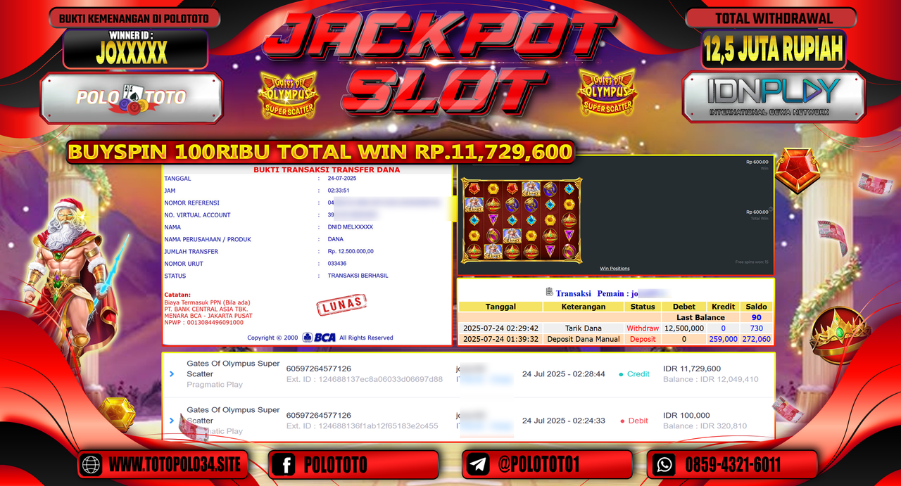 POLOTOTO JACKPOT SLOT GATES OF OLYMPUS SUPER SCATTER Rp.12.500.000,-