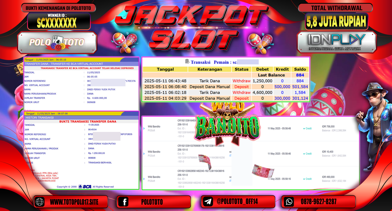 POLOTOTO JACKPOT SLOT WILD BANDITO Rp.5.850.000,-