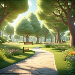 
Peaceful park scene with benches lining a paved walkway, surrounded by greenery.