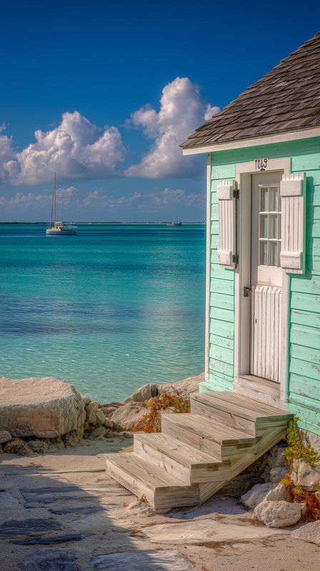 Cozy mint colored beach hut with white shutters overl 9503d684 7ae5 44fe 8e22 7d37d94cc27c