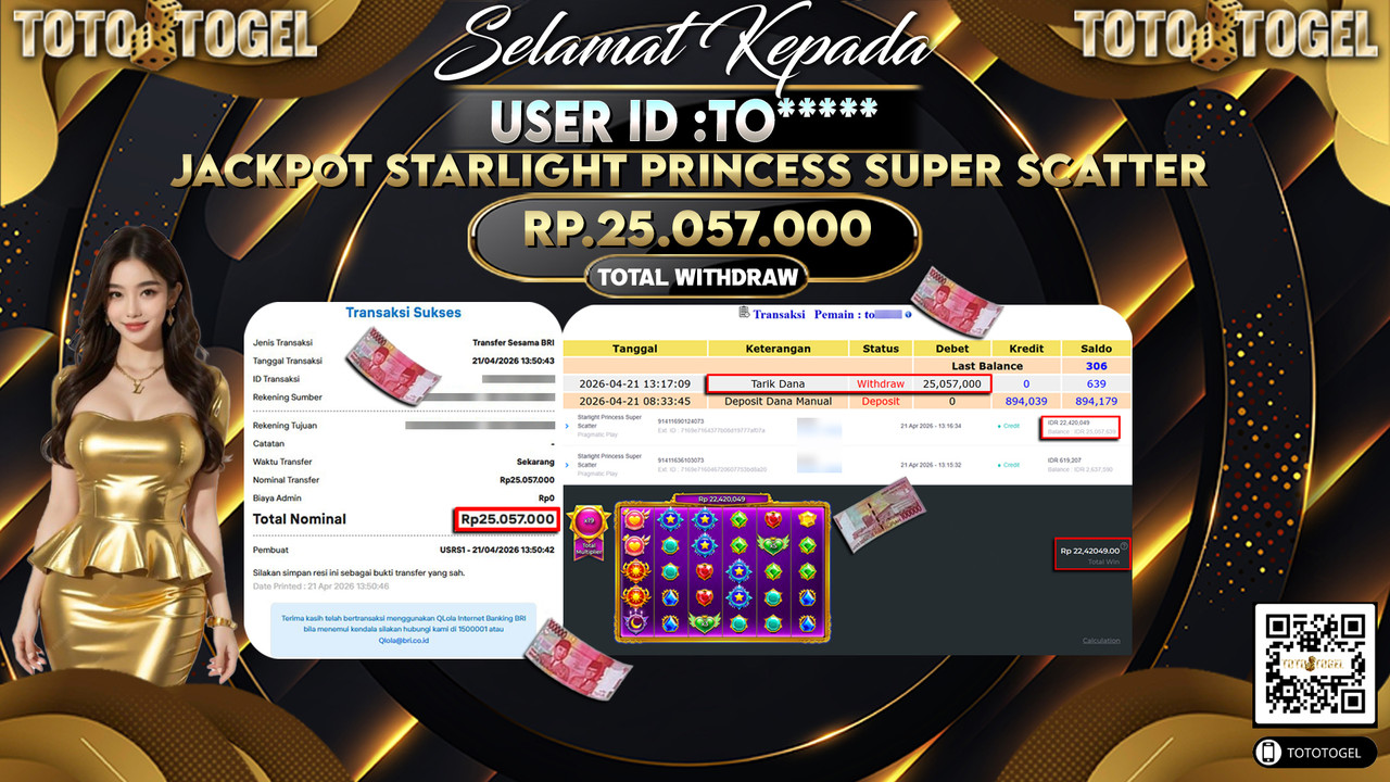 Bukti Pembayaran Jackpot Permainan Slot Starlight Princess Super Scatter ID:TO*****LUNAS