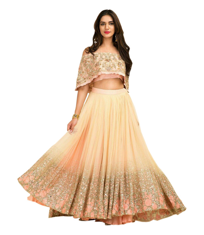 13) Contrast colored sleeves and work done up on lehengas