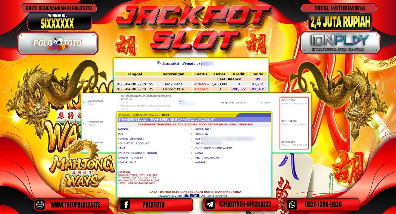 POLOTOTO JACKPOT SLOT MAHJONG WAYS Rp.2.400.000,- LUNAS
