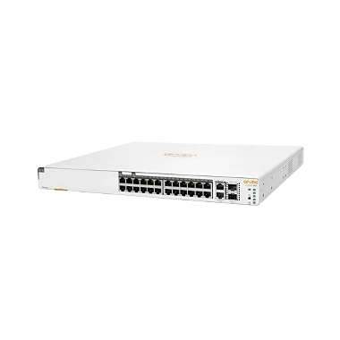 Vista frontal do Switch HPE Aruba 1960 24G 2XGT 2SFP+ 370W (JL807A), exibindo as portas Gigabit, 10GBASE-T e SFP+.
