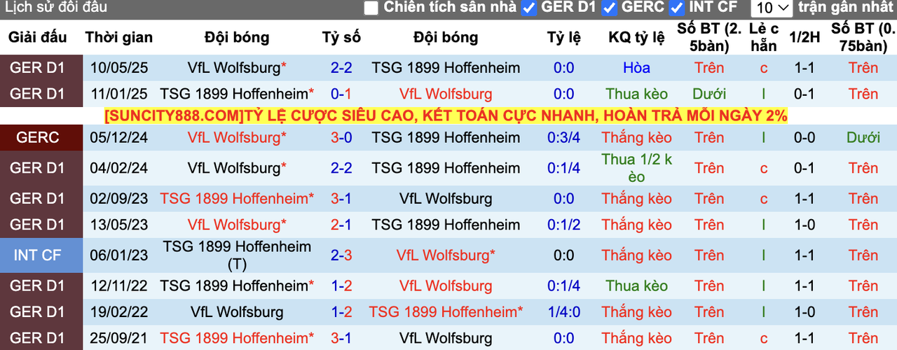 Thành tích đối đầu Wolfsburg vs Hoffenheim