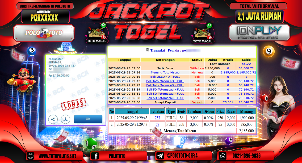 POLOTOTO JACKPOT TOGEL TOTO MACAU Rp.2.150.000,-