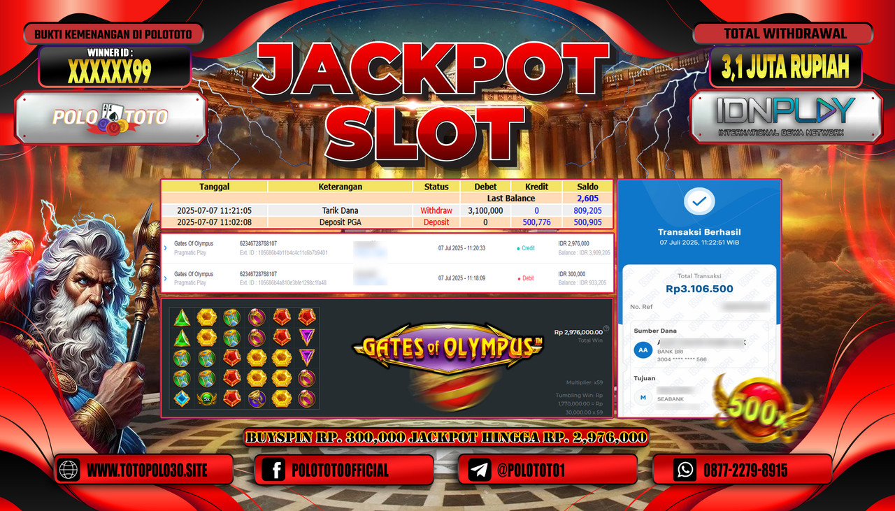POLOTOTO JACKPOT SLOT GATES OF OLYMPUS Rp.3.100.000,- LUNAS