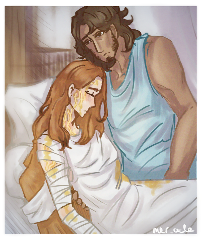 Athena nestled against Odysseus