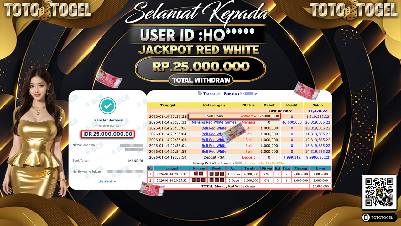 Bukti Pembayaran Jackpot Permainan Live Game Red White ID:HO*****LUNAS