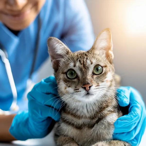 Una mujer con guantes azules sostiene un gato. Imagen relacionada con <strong>vómito en gatos</strong>.