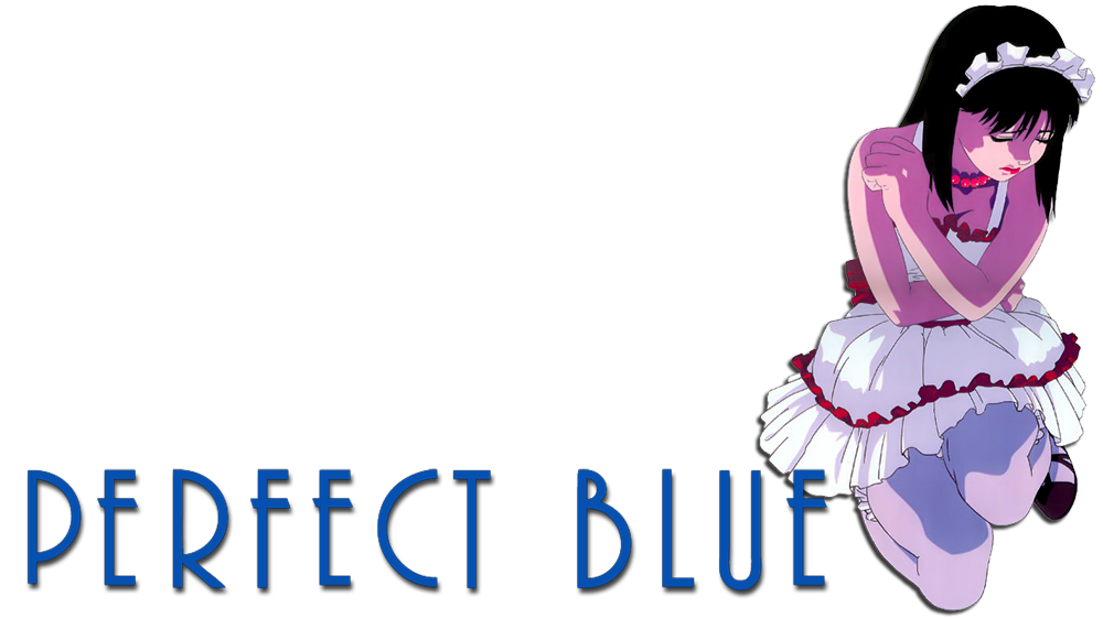 a photo of mima kirigoe from perfect blue, a movie by satoshi kon. she is sitting with her hands wrapped around her body, wearing a maid dress. the logo art for perfect blue's title is to the left of her.
