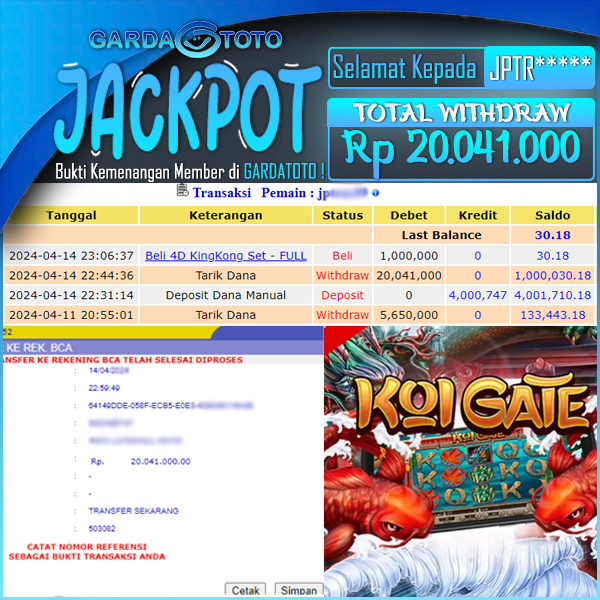 JACKPOT SLOT  LAGI GACOR MAIN DI SLOT KOI GATE WD Rp 20.041.000,- DIBAYAR LUNAS