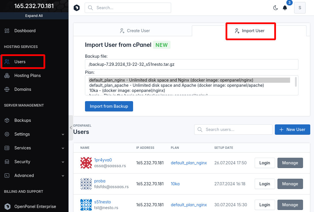 import cpanel bakcup in openpanel