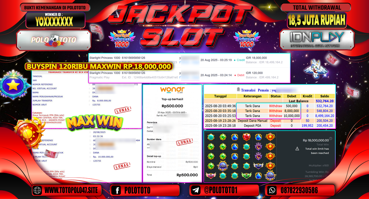 POLOTOTO JACKPOT SLOT STARLIGHT PRINCESS 1000 Rp.18.500.000,- LUNAS