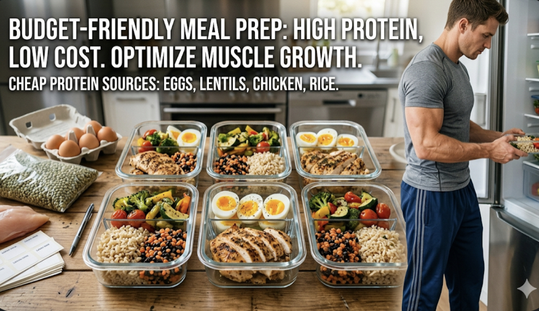 Person shopping for affordable protein sources in grocery store with eggs, chicken, beans, lentils, representing cheap high protein foods and budget protein foods
