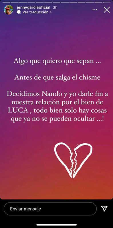 Jenny García explica el mensaje sobre su ruptura amorosa