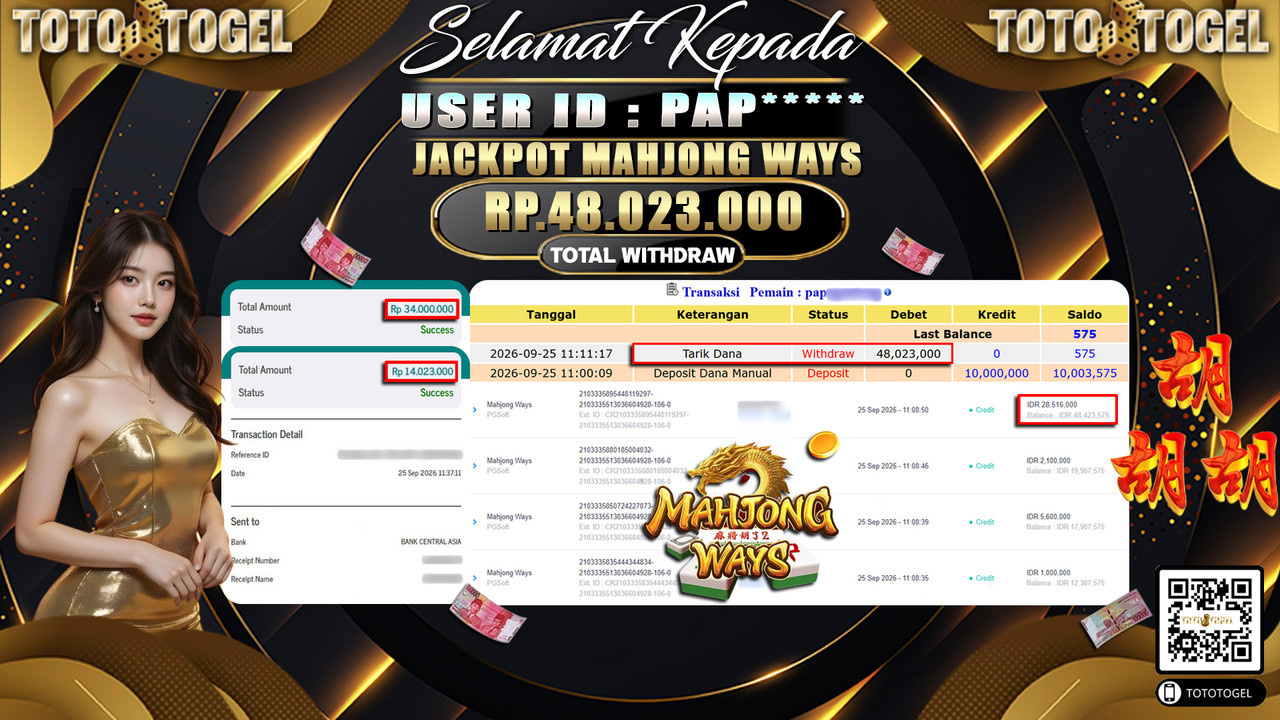 Bukti Pembayaran Jackpot Slot Mahjong Ways ID :PAP*****LUNAS