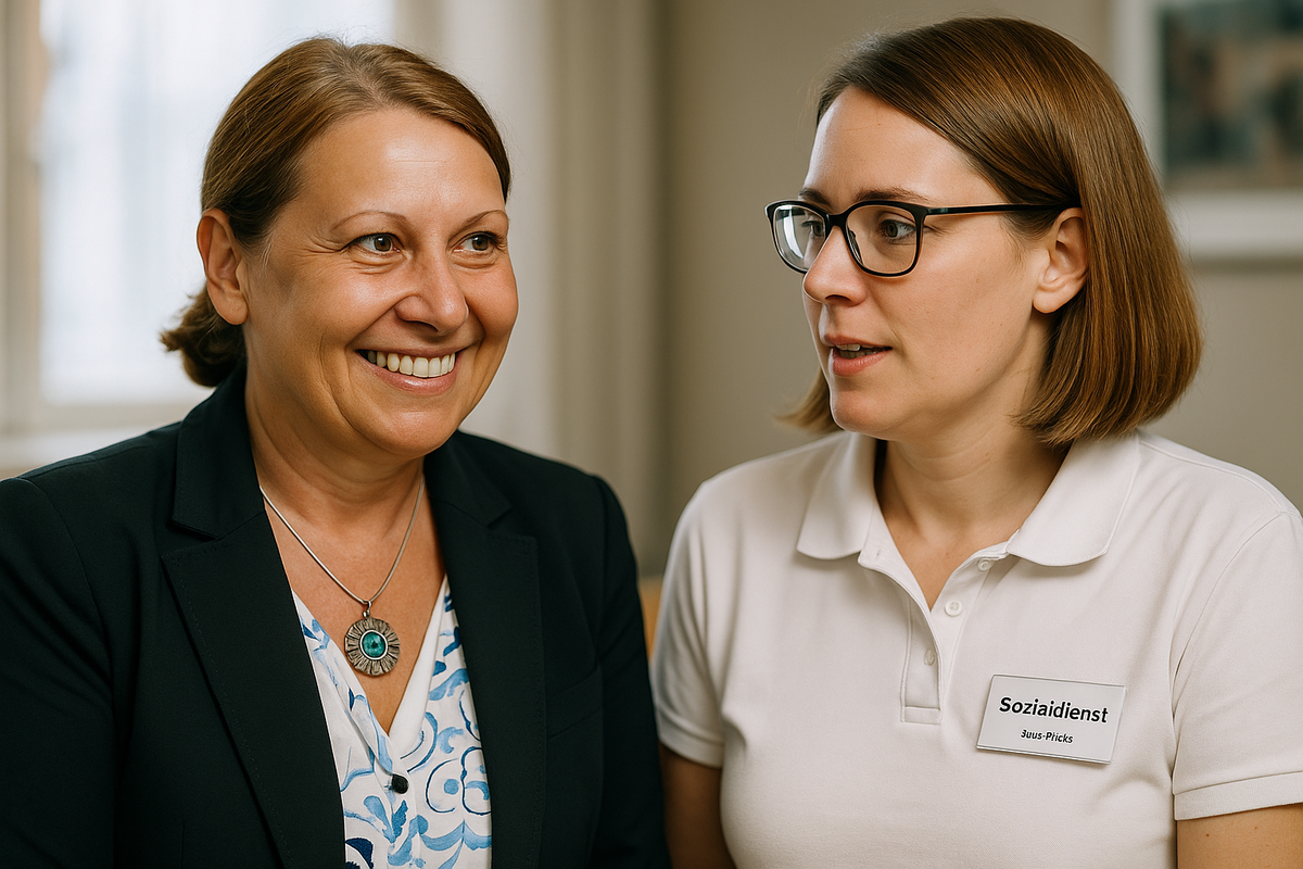 Charlotte Szene im professionellen Gespräch mit Sozialdienst-Mitarbeiterin