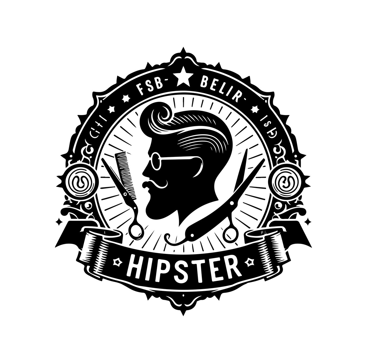 Hipster barber shop vintage logo badge beard scissors razor curly beard mustache vector