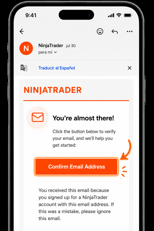 Confirma tu correo electrónico desde el mensaje de NinjaTrader