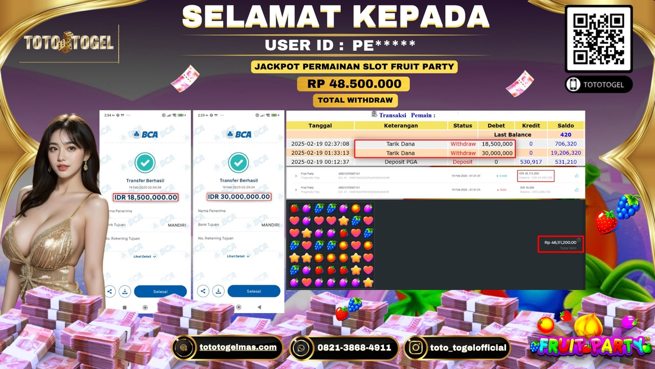 Bukti Pembayaran Jackpot  Permainan Slot Fruit Party  ID:PE**** LUNAS