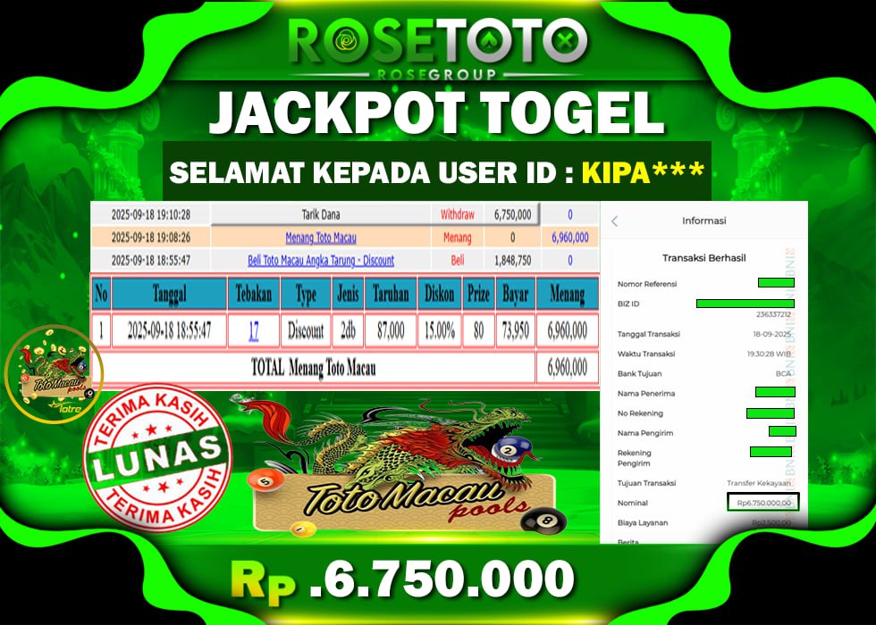 ROSETOTO JACKPOT TOGEL TOTO MACAU Rp.6.750.000.,- LUNAS