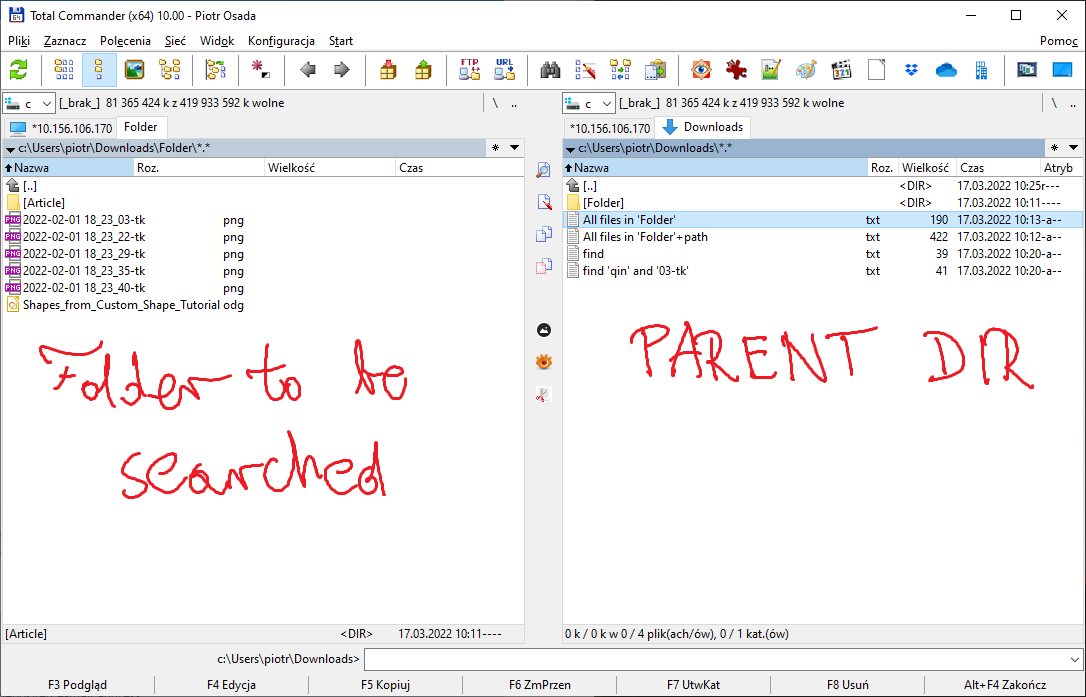 0 folder (left) and parent (right panel)