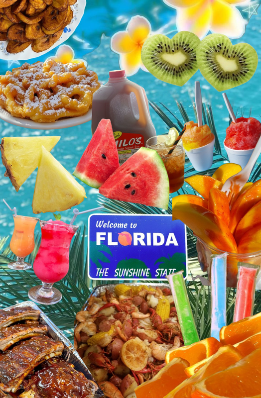 Pictures of summer foods like funnel cake, fruits, and frozen drinks.