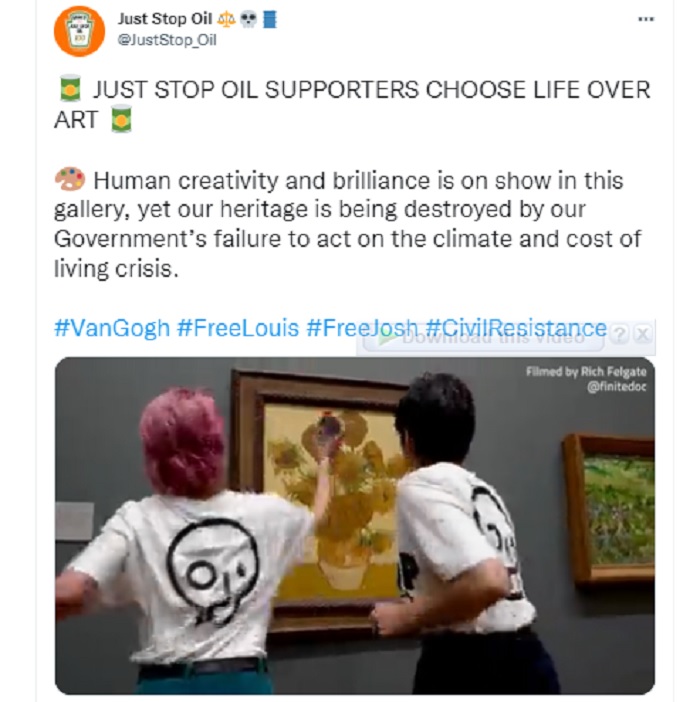 Lukisan populer karya Vincent van Gogh menjadi sasaran protes dua aktivis lingkungan pada Jumat (14/10/2022). Para aktivis adalah anggota Just Stop Oil yang menuntut pemerintah Inggris menghentikan lisensi minyak dan gas baru untuk membantu memperlambat perubahan iklim.