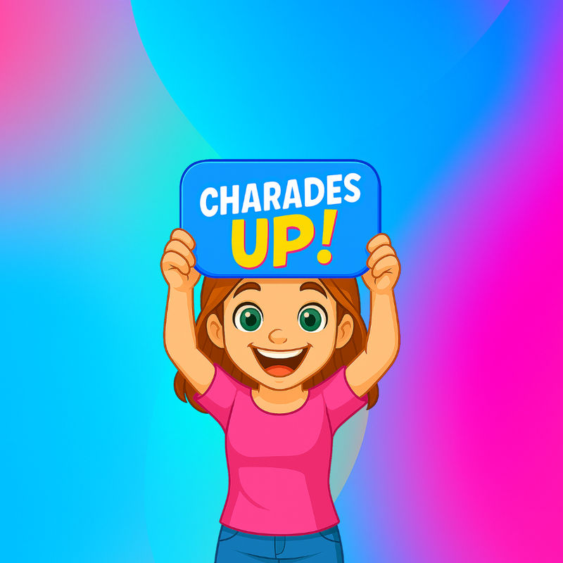 Personagem do CharadesUp! segurando placa com o logo do jogo